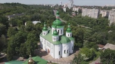 This stock video shows an aerial view of the Church of St. Cyril in Kyiv, Ukraine in 8K resolution