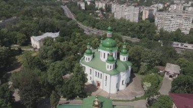 This stock video shows an aerial view of the Church of St. Cyril in Kyiv, Ukraine in 8K resolution