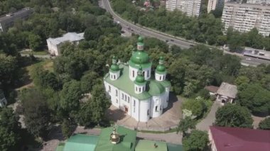 This stock video shows an aerial view of the Church of St. Cyril in Kyiv, Ukraine in 8K resolution