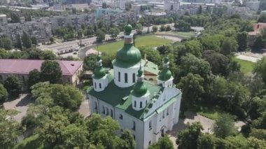 This stock video shows an aerial view of the Church of St. Cyril in Kyiv, Ukraine in 8K resolution
