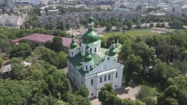 This stock video shows an aerial view of the Church of St. Cyril in Kyiv, Ukraine in 8K resolution