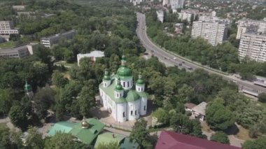 This stock video shows an aerial view of the Church of St. Cyril in Kyiv, Ukraine in 8K resolution