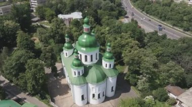 This stock video shows an aerial view of the Church of St. Cyril in Kyiv, Ukraine in 8K resolution
