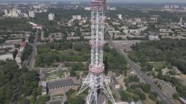 This stock footage shows an aerial view of a television tower in Kyiv, Ukraine in 8K resolution