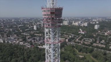 This stock footage shows an aerial view of a television tower in Kyiv, Ukraine in 8K resolution