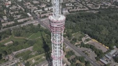 This stock footage shows an aerial view of a television tower in Kyiv, Ukraine in 8K resolution