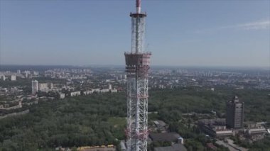 This stock footage shows an aerial view of a television tower in Kyiv, Ukraine in 8K resolution