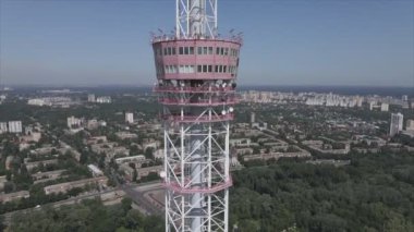This stock footage shows an aerial view of a television tower in Kyiv, Ukraine in 8K resolution
