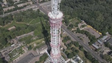 This stock footage shows an aerial view of a television tower in Kyiv, Ukraine in 8K resolution