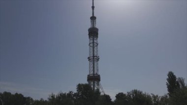 This stock footage shows an aerial view of a television tower in Kyiv, Ukraine in 8K resolution