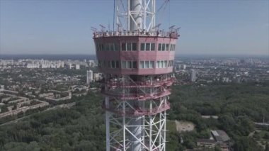 This stock footage shows an aerial view of a television tower in Kyiv, Ukraine in 8K resolution