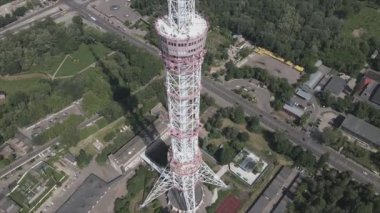 This stock footage shows an aerial view of a television tower in Kyiv, Ukraine in 8K resolution
