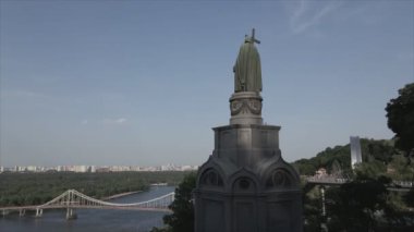 This stock footage shows an aerial view of the Vladimir the Great monument in Kyiv, Ukraine in 8K resolution