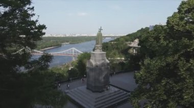 This stock footage shows an aerial view of the Vladimir the Great monument in Kyiv, Ukraine in 8K resolution