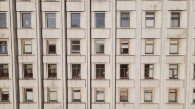 This stock footage shows aerial view of a building built in the style of the former USSR in 8K resolution