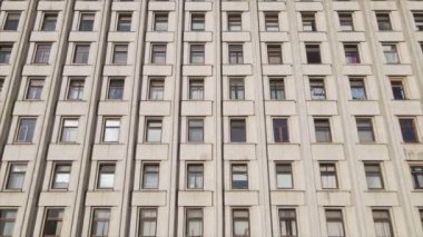 This stock footage shows aerial view of a building built in the style of the former USSR in 8K resolution