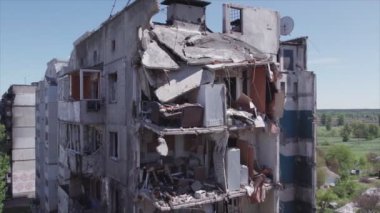 This stock video shows a destroyed residential building during the war in Ukraine in Borodyanka, Bucha district in 8K resolution