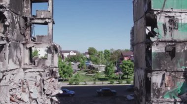 This stock video shows a destroyed residential building during the war in Ukraine in Borodyanka, Bucha district in 8K resolution