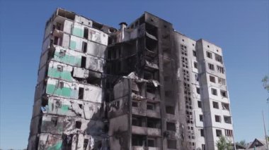 This stock video shows a destroyed residential building during the war in Ukraine in Borodyanka, Bucha district in 8K resolution
