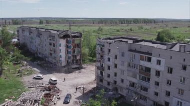 This stock video shows a destroyed residential building during the war in Ukraine in Borodyanka, Bucha district in 8K resolution