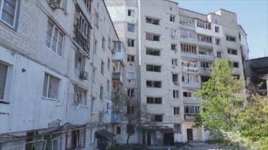 This stock video shows a destroyed residential building during the war in Ukraine in Borodyanka, Bucha district in 8K resolution