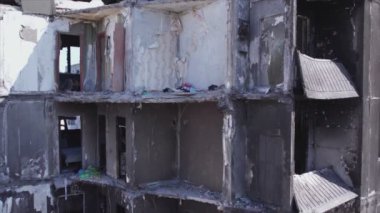 This stock video shows a destroyed residential building during the war in Ukraine in Borodyanka, Bucha district in 8K resolution