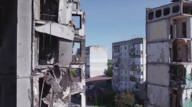 This stock video shows a destroyed residential building during the war in Ukraine in Borodyanka, Bucha district in 8K resolution
