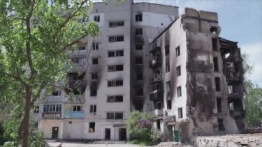 This stock video shows a destroyed residential building during the war in Ukraine in Borodyanka, Bucha district in 8K resolution