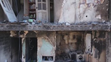 This stock video shows a destroyed residential building during the war in Ukraine in Borodyanka, Bucha district in 8K resolution