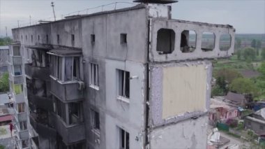 This stock video shows a destroyed residential building during the war in Ukraine in Borodyanka, Bucha district in 8K resolution