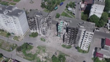 This stock video shows a destroyed residential building during the war in Ukraine in Borodyanka, Bucha district in 8K resolution