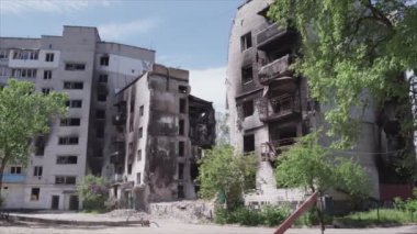 This stock video shows a destroyed residential building during the war in Ukraine in Borodyanka, Bucha district in 8K resolution