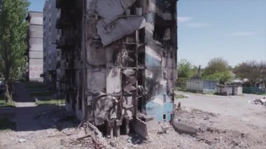 This stock video shows a destroyed residential building during the war in Ukraine in Borodyanka, Bucha district in 8K resolution