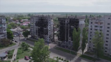 This stock video shows a destroyed residential building during the war in Ukraine in Borodyanka, Bucha district in 8K resolution