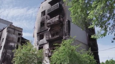 This stock video shows a destroyed residential building during the war in Ukraine in Borodyanka, Bucha district in 8K resolution