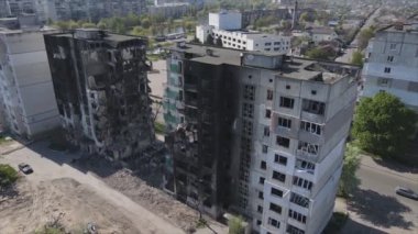 This stock video shows a destroyed residential building during the war in Ukraine in Borodyanka, Bucha district in 8K resolution