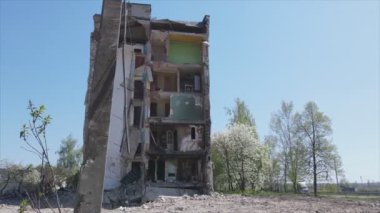 This stock video shows a destroyed residential building during the war in Ukraine in Borodyanka, Bucha district in 8K resolution