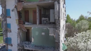 This stock video shows a destroyed residential building during the war in Ukraine in Borodyanka, Bucha district in 8K resolution