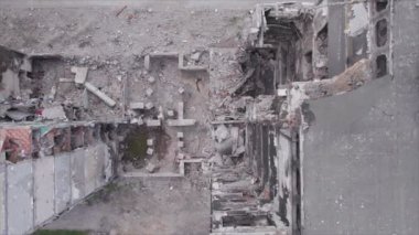 This stock video shows a destroyed residential building during the war in Ukraine in Borodyanka, Bucha district in 8K resolution