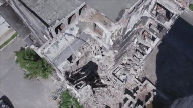 This stock video shows a destroyed residential building during the war in Ukraine in Borodyanka, Bucha district in 8K resolution