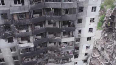 This stock video shows a destroyed residential building during the war in Ukraine in Borodyanka, Bucha district in 8K resolution