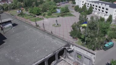 This stock video shows a destroyed residential building during the war in Ukraine in Borodyanka, Bucha district in 8K resolution