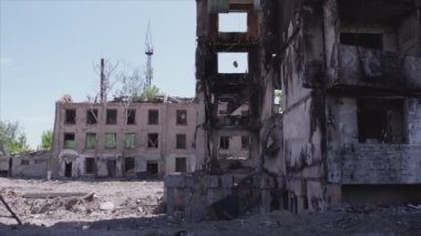 This stock video shows a destroyed residential building during the war in Ukraine in Borodyanka, Bucha district in 8K resolution