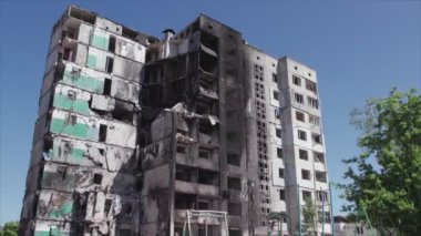 This stock video shows a destroyed residential building during the war in Ukraine in Borodyanka, Bucha district in 8K resolution