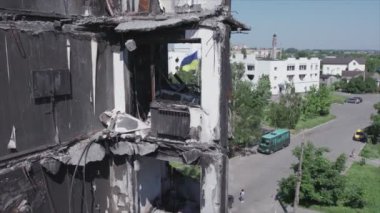 This stock video shows a destroyed residential building during the war in Ukraine in Borodyanka, Bucha district in 8K resolution