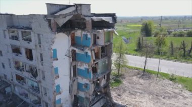 This stock video shows a destroyed residential building during the war in Ukraine in Borodyanka, Bucha district in 8K resolution