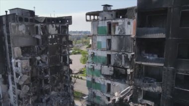 This stock video shows a destroyed residential building during the war in Ukraine in Borodyanka, Bucha district in 8K resolution