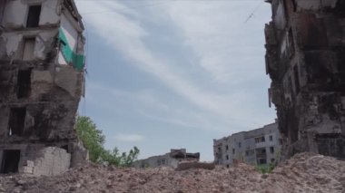 This stock video shows a destroyed residential building during the war in Ukraine in Borodyanka, Bucha district in 8K resolution