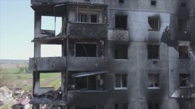 This stock video shows a destroyed residential building during the war in Ukraine in Borodyanka, Bucha district in 8K resolution