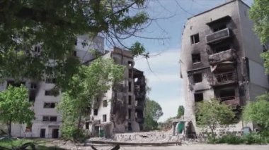 This stock video shows a destroyed residential building during the war in Ukraine in Borodyanka, Bucha district in 8K resolution